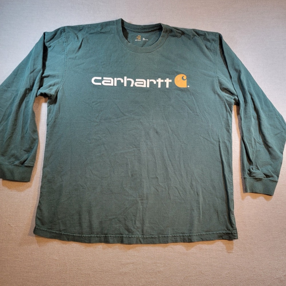 Carhartt Long Sleeve T-Shirt Mens XL Green Good Graphic Logo Crew Neck Workwear